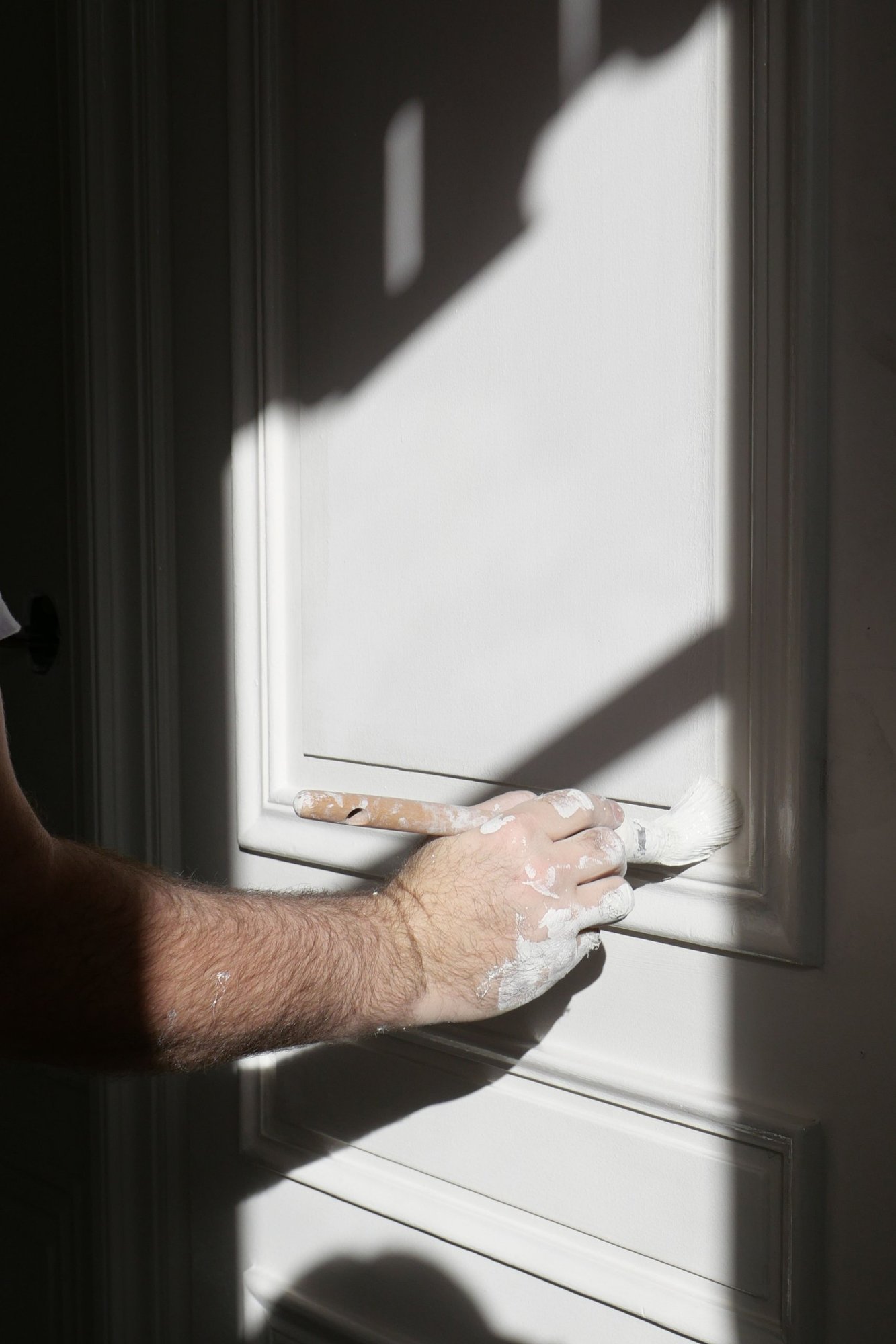 Peintre DME Bâtiment au pinceau sur une porte à moulures, lumière rasante